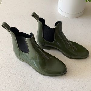 J. Crew Chelsea olive green patent rain boots
